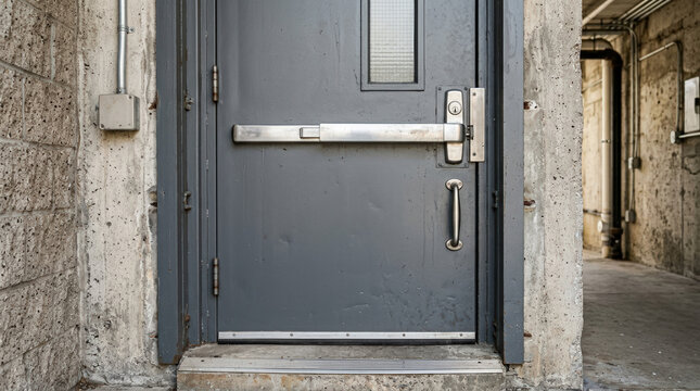 Grey metal service entrance door with push bar in a concrete basement. Industrial commercial building emergency exit corridor