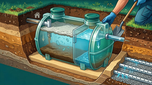 3D cross section diagram of an underground septic tank system installation. Residential wastewater treatment with drain field and gravel