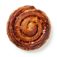 Fototapeta premium Freshly baked caramelized flaky kouign amann pastry isolated on white background, top view