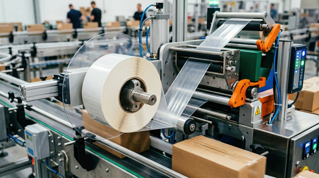 Automated packaging machine applying clear film to cardboard boxes on a conveyor belt. Industrial manufacturing production line in a factory