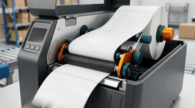 Close-up of an open desktop label printer feeding blank white labels. Modern printing machine with internal rollers in a warehouse packaging environment