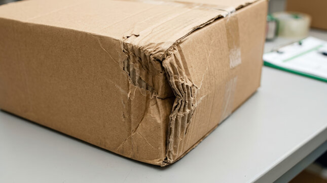 Close up of a damaged brown cardboard box with a crushed and torn corner. Defective shipping package on a desk
