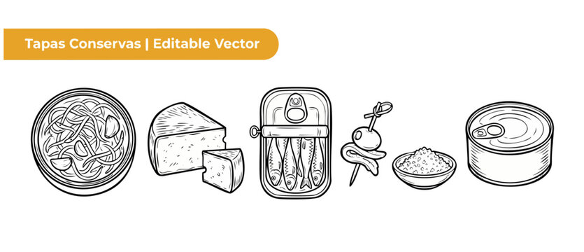 Spanish tapas conservas vector icons set featuring canned sardines, cheese, gilda skewer, and seafood line art drawings for traditional Mediterranean restaurant menu design elements isolated on white