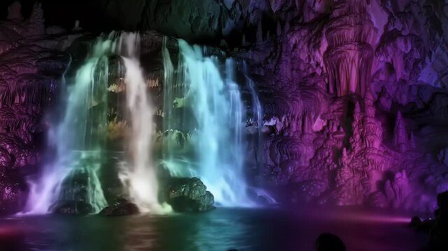 Enchanting cave waterfall with vibrant purple and green lighting cascades down