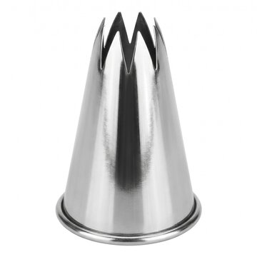 Macro shot of a stainless steel star-shaped pastry piping tip isolated on a white background