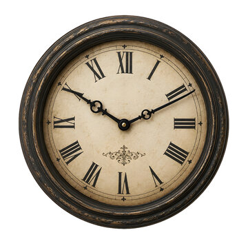 Vintage Round Wall Clock with Roman Numerals Isolated on White Background, Classic Timepiece