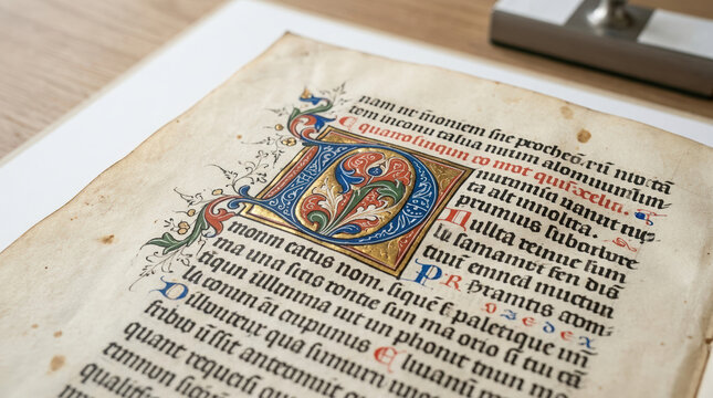 Illuminated medieval manuscript page with hand written Latin text. Large decorative initial letter with gold leaf on aged parchment