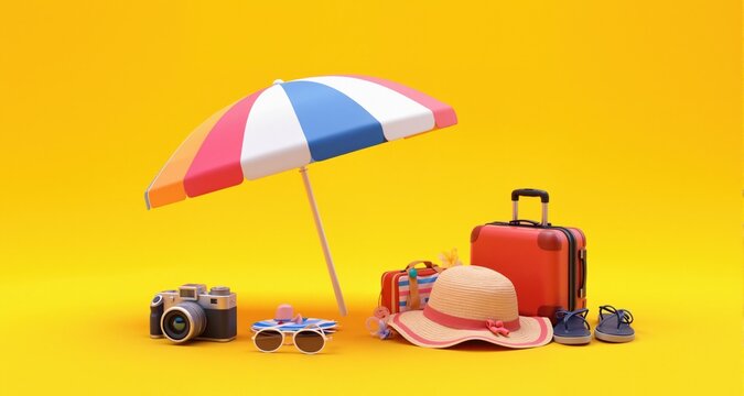 Summer vacation concept, Beach umbrella and travel accessories on yellow background, 3d illustration
