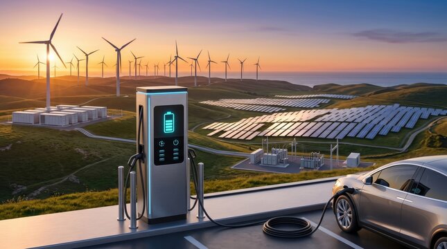 Electric car charging at modern station with solar panels and wind turbines background, sustainable green energy power generation landscape at sunset