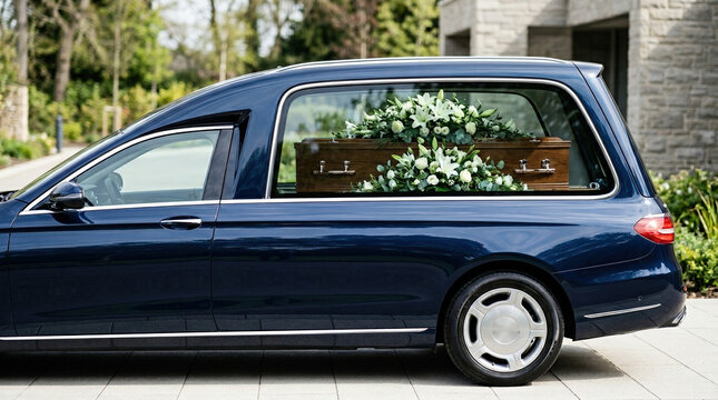 Dark navy blue funeral hearse with a wooden coffin inside. Side view of a modern vehicle with white floral arrangements