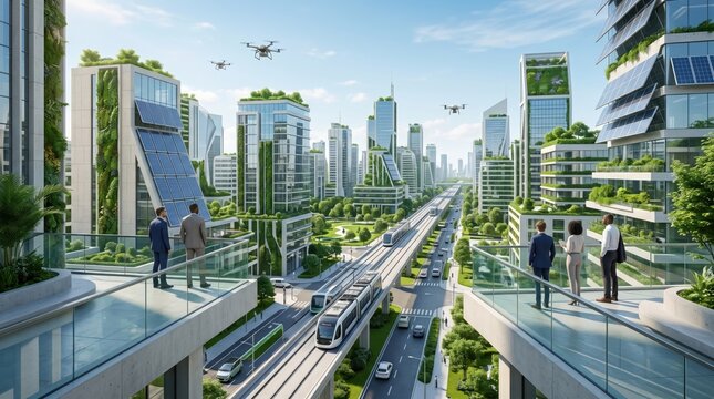 Futuristic green city skyline with vertical gardens, solar panels, autonomous trains and drones, sustainable urban architecture and public transport system