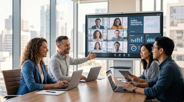 Diverse business team in hybrid meeting, remote workers on screen discussing global innovation strategy Q4 charts, corporate office collaboration concept