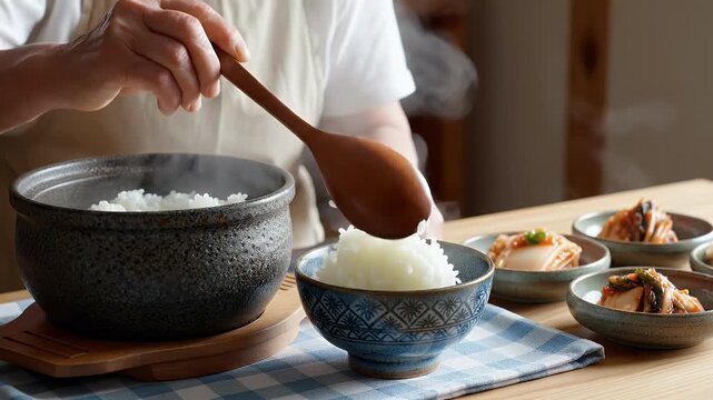 Person serves steaming white rice from a dark pot into a blue patterned bowl