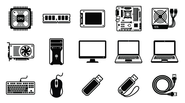 Minimalist Computer Hardware Icons Set &ndash; CPU, GPU, SSD, Monitor, and Peripherals Silhouette Collection