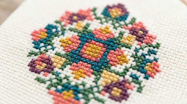 Close up of a completed cross stitch embroidery pattern on white fabric. Symmetrical geometric floral design. Handmade needlework craft