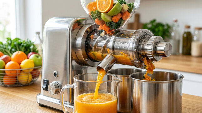 Cold press juice extraction machine on wooden kitchen counter. Stainless steel masticating juicer squeezing fresh orange and carrot juice. Healthy lifestyle concept