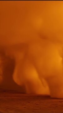 Desert sandstorm blowing dust wave slow motion, wall of golden-orange sand particles moving across frame, elemental desert footage, dramatic atmospheric background for travel climate brand video.