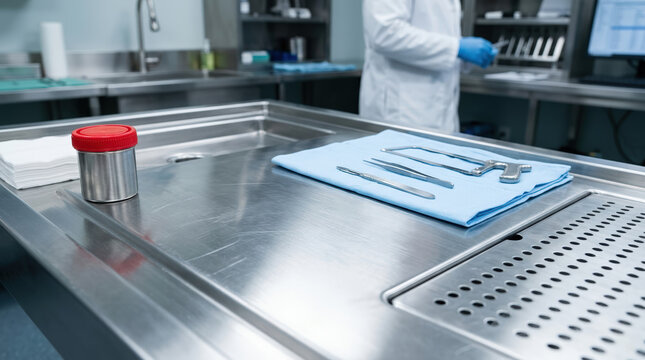 Surgical instruments and specimen container on a stainless steel autopsy table. Forensic pathologist working in a modern sterile morgue laboratory