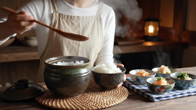 Person scoops rice from a pot into a patterned bowl in a warm, dimly lit setting