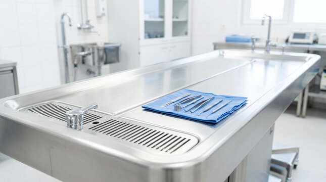 Stainless steel autopsy table with surgical instruments on blue drape. Clean forensic pathology laboratory with medical equipment. Morgue interior with dissection table