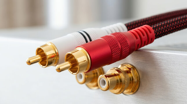 Red and white RCA audio cable connectors with gold plated tips. Close up of stereo plugs above gold jacks on silver brushed metal amplifier. Hi-fi connection concept