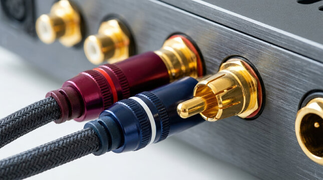 Premium RCA audio cables plugged into gold plated jacks. Close up of red and blue connectors on brushed metal amplifier back panel. Hi-fi stereo connection