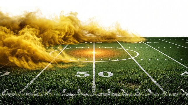 gridiron turf grass yellow smoke sports game outdoor recreation competition athletic field lines yard lines end zone fifty yard line turf field playing field sports ground arena