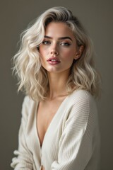 Naklejka premium Brunette curly hair portrait of woman with radiant skin and healthy hair