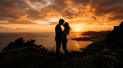 Fototapeta premium Romantic Couple Silhouette at Sunset with Warm Orange Sky and Love Story Mood