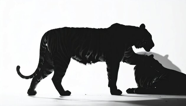 Silhouettes of standing and resting tigers together.