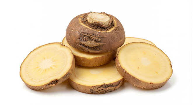 Freshly sliced Jerusalem artichoke tubers showcasing their pale yellow flesh and brown skin a nutritious root vegetable rich in fiber and minerals perfect for healthy eating and culinary use. animatio