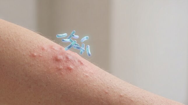 The bacterial infection showing red skin inflammation on human forearm with glowing bacilli visualization for medical skin infections diagnostics
