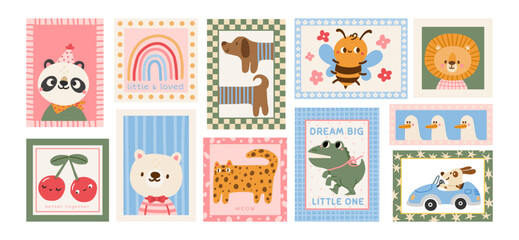 Child poster. Kid room decor. Cartoon trendy playful print with cute characters. Animals, quotes on templates for playroom, kindergarten classroom. Vector concept © Foxy Fox