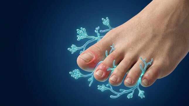 The human foot with fungal infection spots and bioluminescent hyphae visualization for clinical podiatry and skin infections research