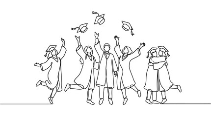 Obraz premium A continuous line drawing of a group of happy students celebrating their graduation.