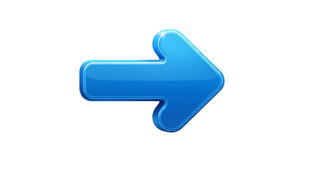 Glossy blue 3D right arrow icon isolated on white background for web navigation interface and directional sign pointing forward button design element