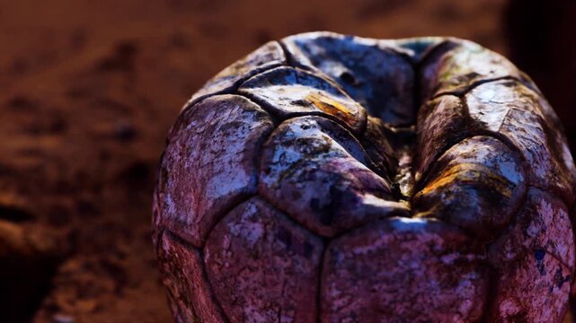 A worn soccer ball lies on the ground of a sports field. The sun sets, casting shadows. Nearby, some grass is visible. The ball shows signs of play and age, with scuff marks and dirt.