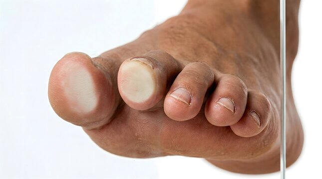 Medical podiatry photo of human foot with calluses and thick skin on toes, clinical examination of plantar warts or hyperkeratosis on a male foot, dermatological condition showing rough skin