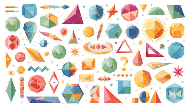 A vibrant collection of diverse faceted geometric shapes and abstract forms scattered on a white background.