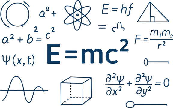 A collection of fundamental physics and mathematics equations and symbols, including E=mc&sup2;, representing scientific concepts and theories.