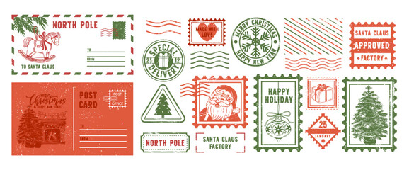 Plakat Christmas stamp. Vintage holiday postcard sticker. Retro postage label with festive Santa Claus, snowflake, Christmas tree. Grunge texture mail postmark. Vector set