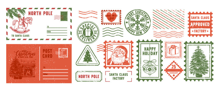 Christmas stamp. Vintage holiday postcard sticker. Retro postage label with festive Santa Claus, snowflake, Christmas tree. Grunge texture mail postmark. Vector set