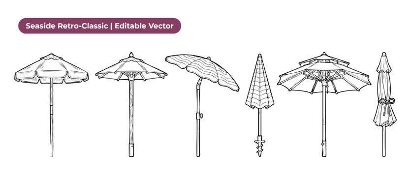 Beach umbrella vector line art illustration set containing vintage seaside patio sunshades in open and closed views, perfect for retro summer resort designs, minimal black and white outline graphics.