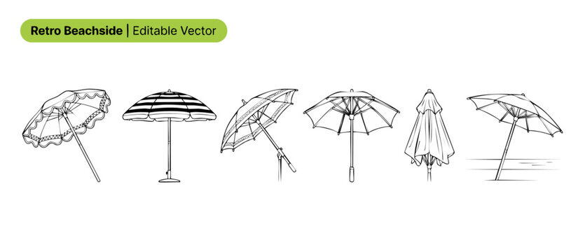 Beach umbrella vector line art set of retro summer icons for seaside outdoor design projects, featuring minimal black and white linear outline illustrations of sun shade parasols on white backgrounds.