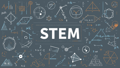 A visually engaging graphic illustrating the concept of STEM, featuring geometric shapes, mathematical formulas, and scientific diagrams against a dark background. © Merah