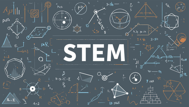 A visually engaging graphic illustrating the concept of STEM, featuring geometric shapes, mathematical formulas, and scientific diagrams against a dark background.