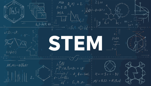 STEM education concept with scientific formulas and diagrams on a blue background.