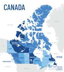 Fototapeta premium Detailed, vector, blue map of Canada with administrative divisions country