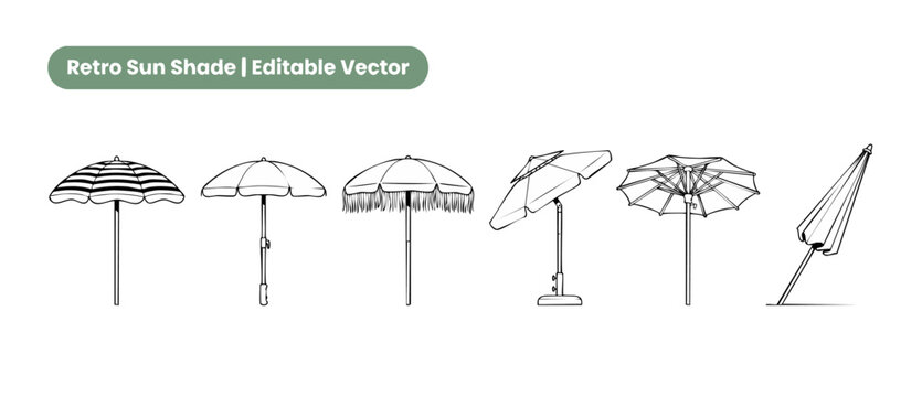 Beach umbrella vector line art set of retro sun shade parasol icons for summer vacation design projects, featuring outline illustrations of patio canopy, tassel, striped, and tilted garden shades.