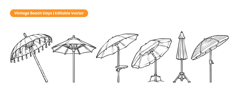 Beach umbrella vector line art icons set featuring vintage summer parasol, garden patio sunshade, and outdoor furniture designs for tropical beach vacation, travel, and seaside leisure projects.